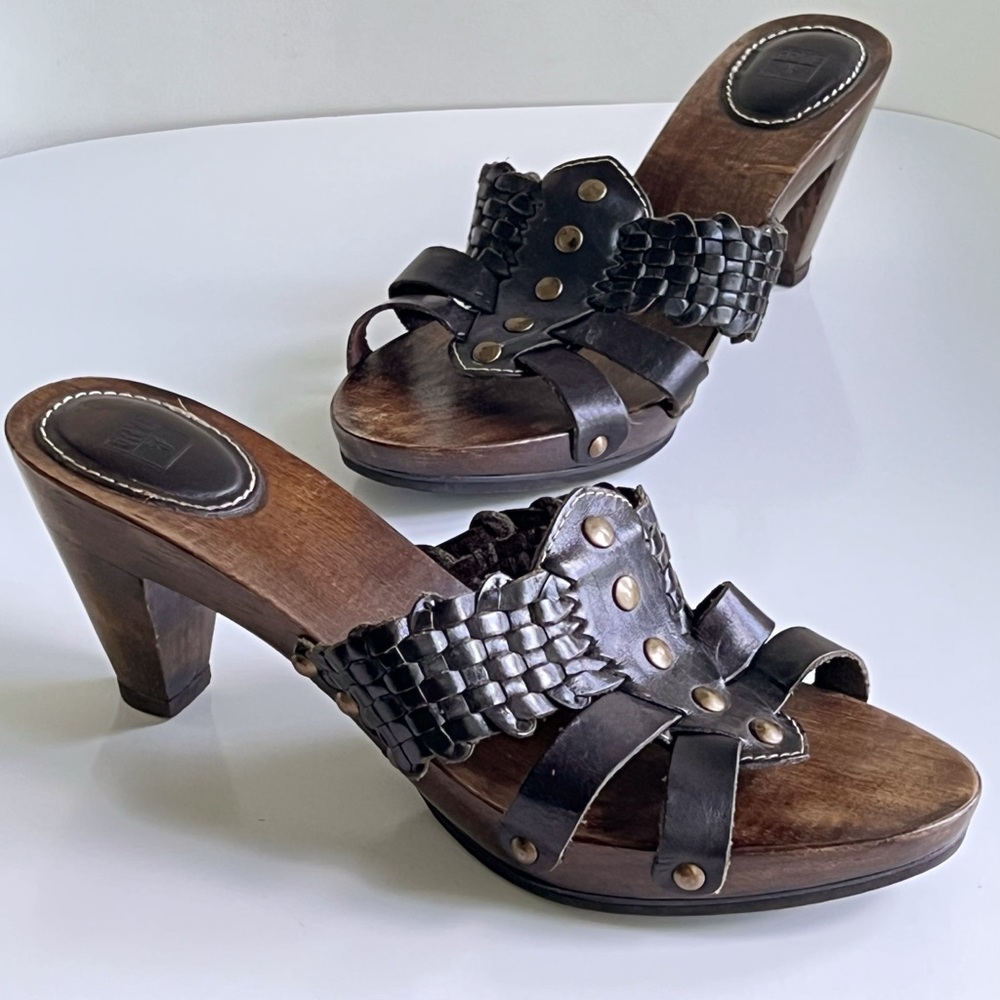 Frye Black Woven Leather Studded Wood Heeled Bohemian Sandals Size 11B